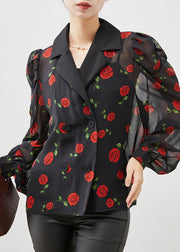 Boutique Black Floral Double Breast Chiffon Shirt Puff Sleeve
