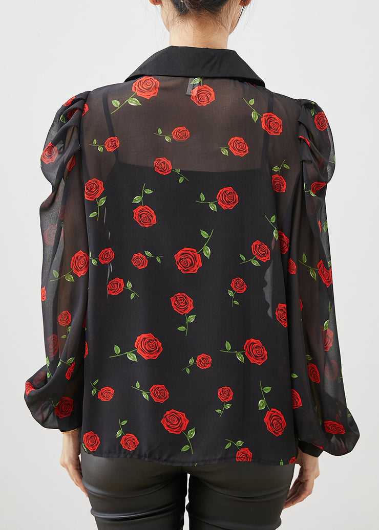 Boutique Black Floral Double Breast Chiffon Shirt Puff Sleeve