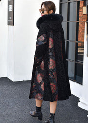 Boutique Black Fox Collar Patchwork Print Cashmere Jacket Winter