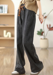 Boutique Black Grey Pockets Elastic Waist Warm Fleece Denim Straight Pants Winter
