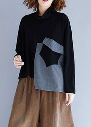 Boutique Black High Neck Asymmetrical Design Cotton Pullover Sweatshirt Spring