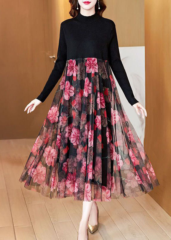 Boutique Black High Neck Patchwork Tulle Print Knit Maxi Dresses Spring