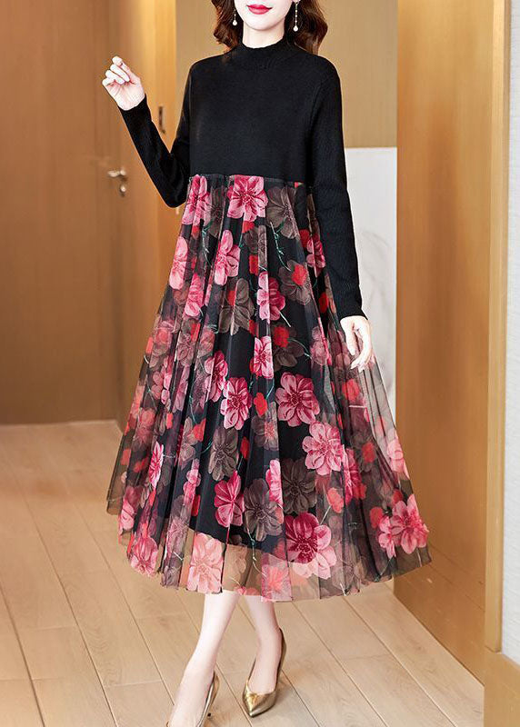 Boutique Black High Neck Patchwork Tulle Print Knit Maxi Dresses Spring