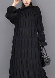 Boutique Black High Neck Thick Pleated Knit Sweater Dress Winter