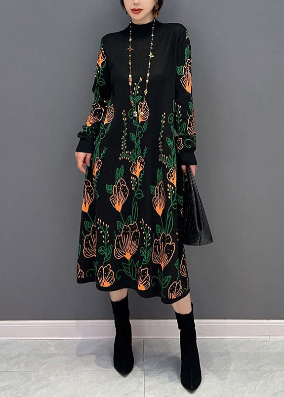 Boutique Black Hign Neck Print Knit Dresses Winter