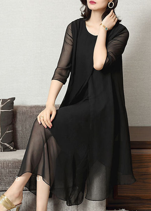 Boutique Black Hollow Out Asymmetrical Design Chiffon Dresses Half Sleeve