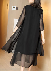 Boutique Black Hollow Out Asymmetrical Design Chiffon Dresses Half Sleeve