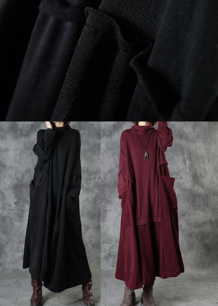 Boutique Black Loose Pockets Winter Corduroy Long Dress Sweater - SooLinen