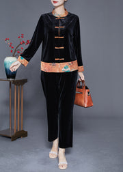 Boutique Black Mandarin Collar Patchwork Oriental Silk Velour Two Pieces Set Fall