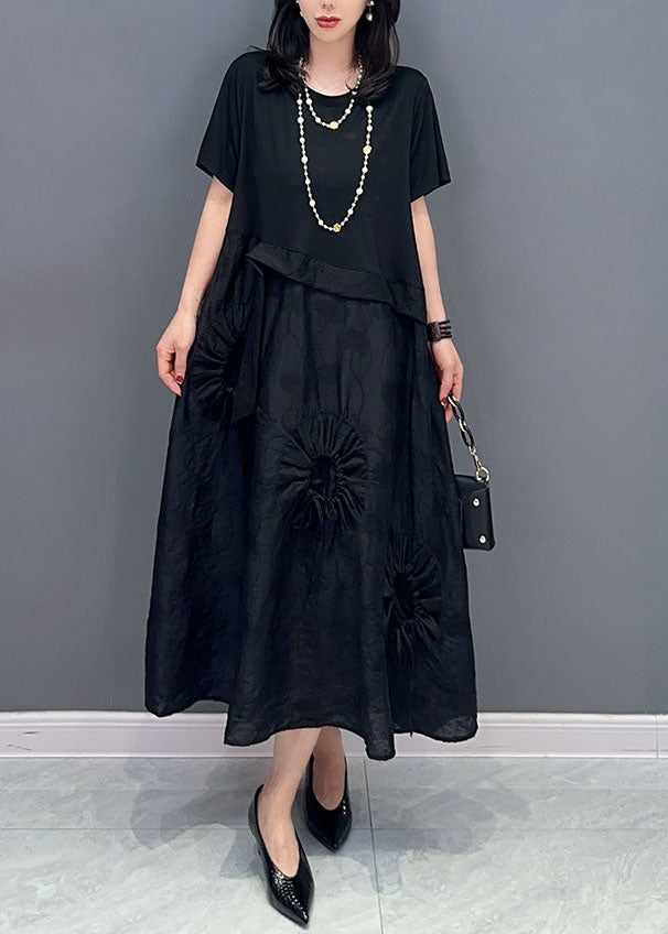 Boutique Black O Neck Cinched Patchwork Cotton Dress Summer