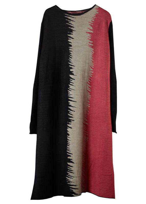 Boutique Black O-Neck Patchwork Fall Knitwear Dress - SooLinen