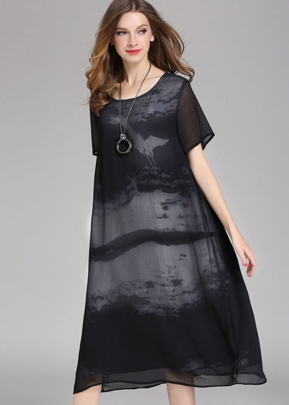 Boutique Black O Neck Print Patchwork Chiffon Dress Summer