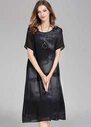 Boutique Black O Neck Print Patchwork Chiffon Dress Summer
