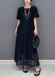 Boutique Black O-Neck Ruffled Patchwork Long Lace Dress Summer