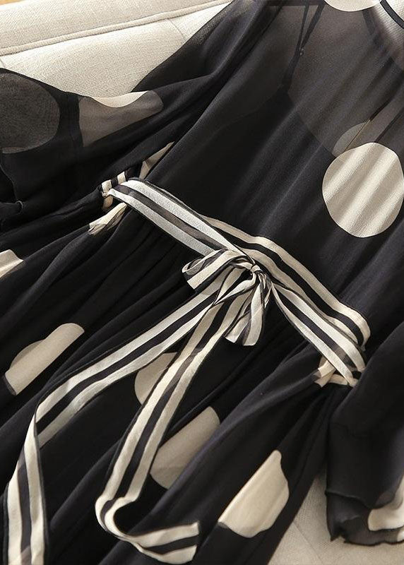 Boutique Black O-Neck Tie Waist Dot Print Chiffon Long Dresses Flare Sleeve