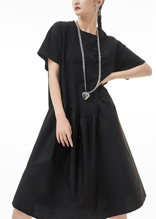 Boutique Black O-Neck Wrinkled Vacation Dresses Short Sleeve