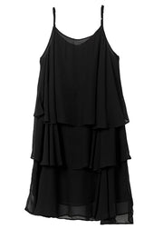 Boutique Black Oversized Layered Design Chiffon Spaghetti Strap Dresses Summer