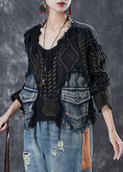 Boutique Black Oversized Patchwork Denim Knitted Tops Winter