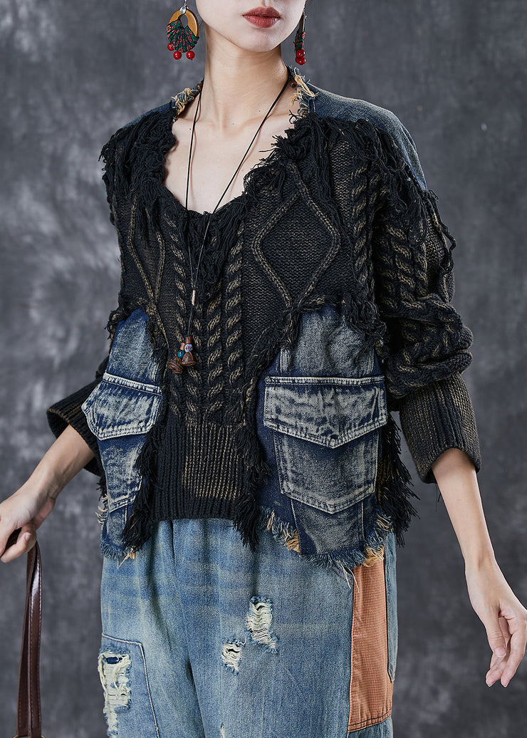 Boutique Black Oversized Patchwork Denim Knitted Tops Winter