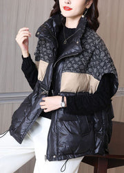 Boutique Black Oversized Patchwork Drawstring Fine Cotton Filled Puffer Vest Winter