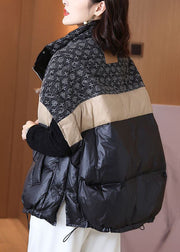 Boutique Black Oversized Patchwork Drawstring Fine Cotton Filled Puffer Vest Winter