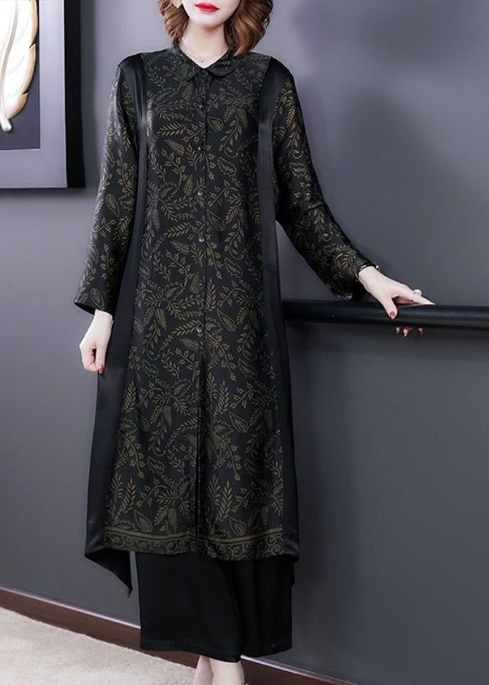 Boutique Black Oversized Patchwork Print Silk Shirt Dress Two Pieces Set Spring