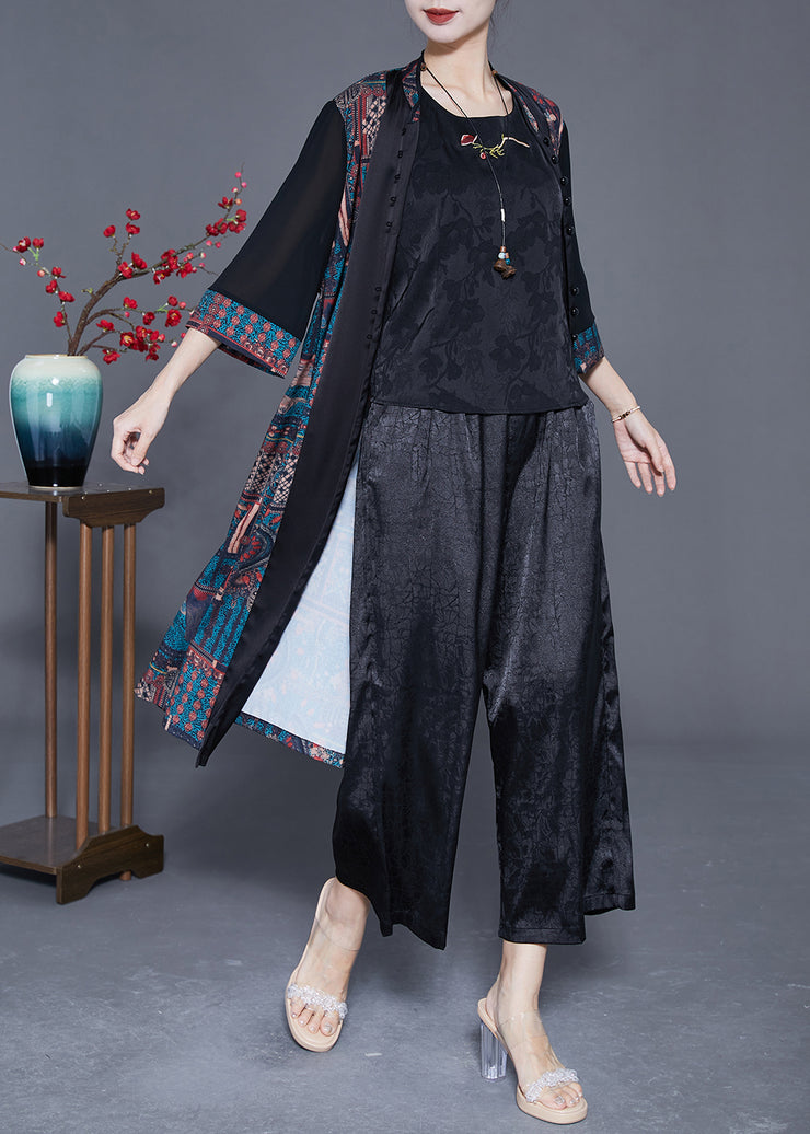 Boutique Black Oversized Patchwork Print Silk Women Sets 3 Pieces Summer