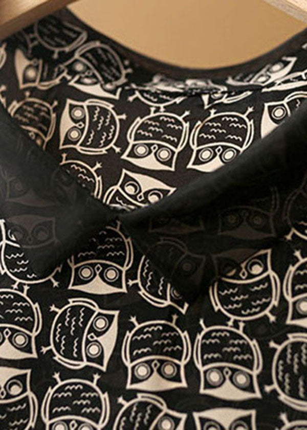 Boutique Black Peter Pan Collar Organza Patchwork Owl Print Chiffon Top Short Sleeve
