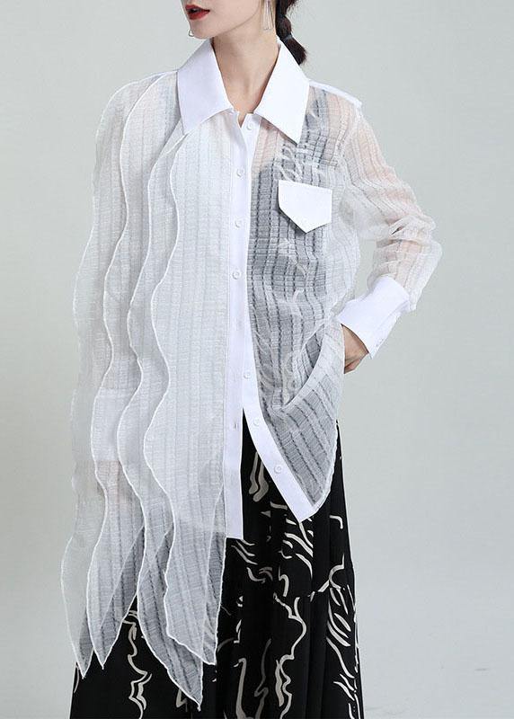 Boutique Black Peter Pan Collar Patchwork Asymmetrical Design Shirt Long Sleeve - SooLinen