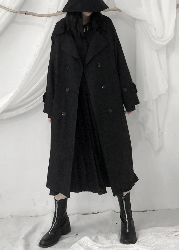 Boutique Black Peter Pan Collar Sashes Button Long Trench Coats Long Sleeve