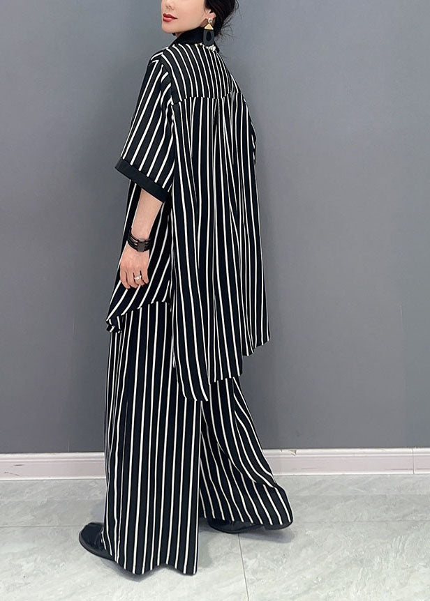 Boutique Black Peter Pan Collar Striped Chiffon Two Pieces Set Summer
