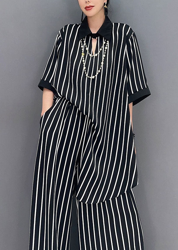 Boutique Black Peter Pan Collar Striped Chiffon Two Pieces Set Summer