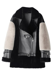 Boutique Black Peter Pan Collar Zippered Patchwork Faux Leather Mink Velvet Jackets Winter