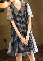 Boutique Black Plaid Ruffled Patchwork Tulle Mid Dresses Summer