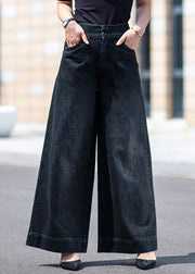 Boutique Black Pockets Draping Cotton Denim Straight Pants Spring
