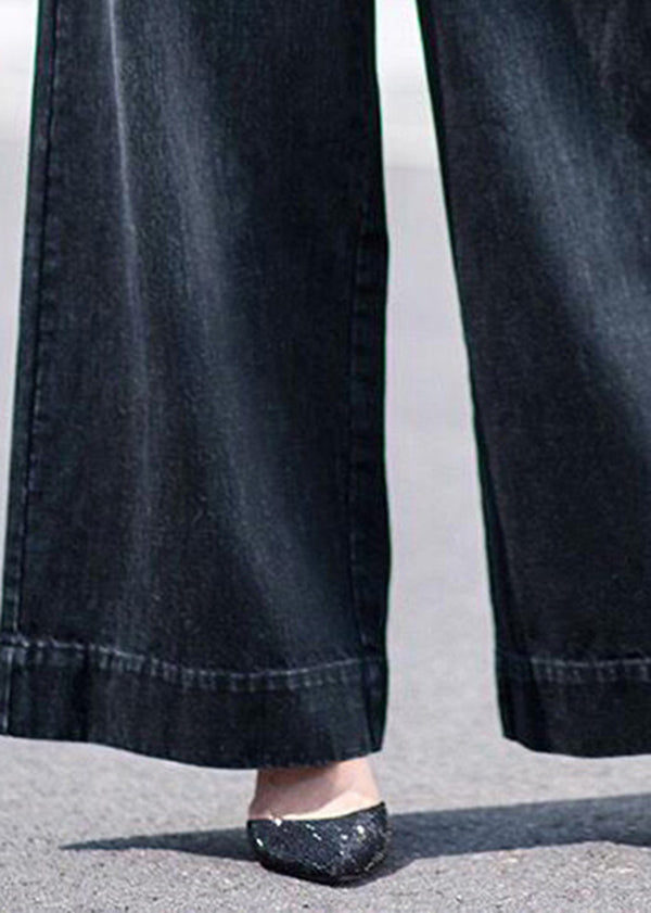 Boutique Black Pockets Draping Cotton Denim Straight Pants Spring