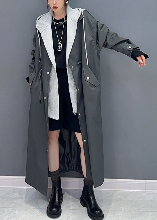 Boutique Black Pockets Hooded False Two Pieces Patchwork Trench Coat Fall