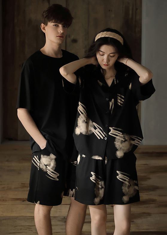 Boutique Black Print Button Cotton Couple Pajamas Two Piece Set Short Sleeve