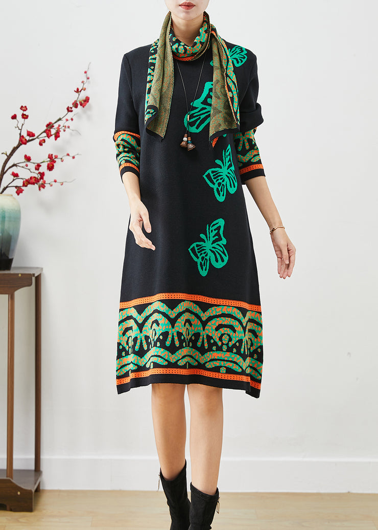 Boutique Black Print Complimentary Scarf Knit Dresses Fall
