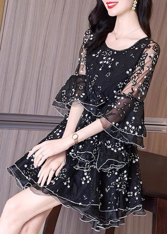 Boutique Black Ruffled Embroidered Patchwork Tulle Dresses Fall
