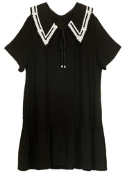 Boutique Black Sailor Collar Lace Up Cotton Party Dress Summer