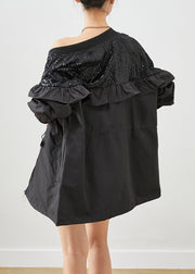 Boutique Black Sequins Patchwork Ruffles Cotton Coat Fall