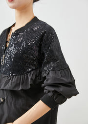 Boutique Black Sequins Patchwork Ruffles Cotton Coat Fall