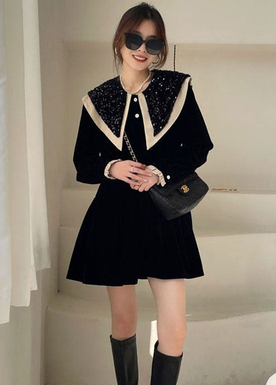 Boutique Black Sequins Patchwork Velour Dress Winter