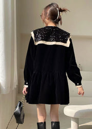 Boutique Black Sequins Patchwork Velour Dress Winter