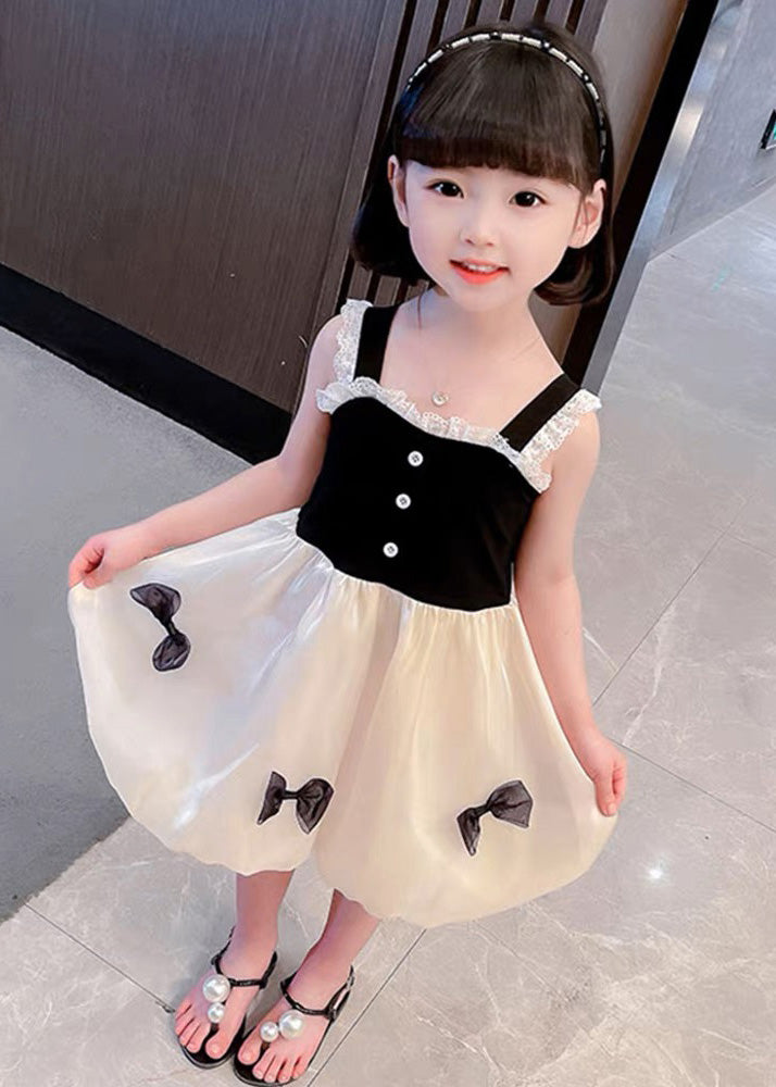 Boutique Black Square Collar Lace Patchwork Bow Silk Girls Vacation Slip Mid Dress Summer