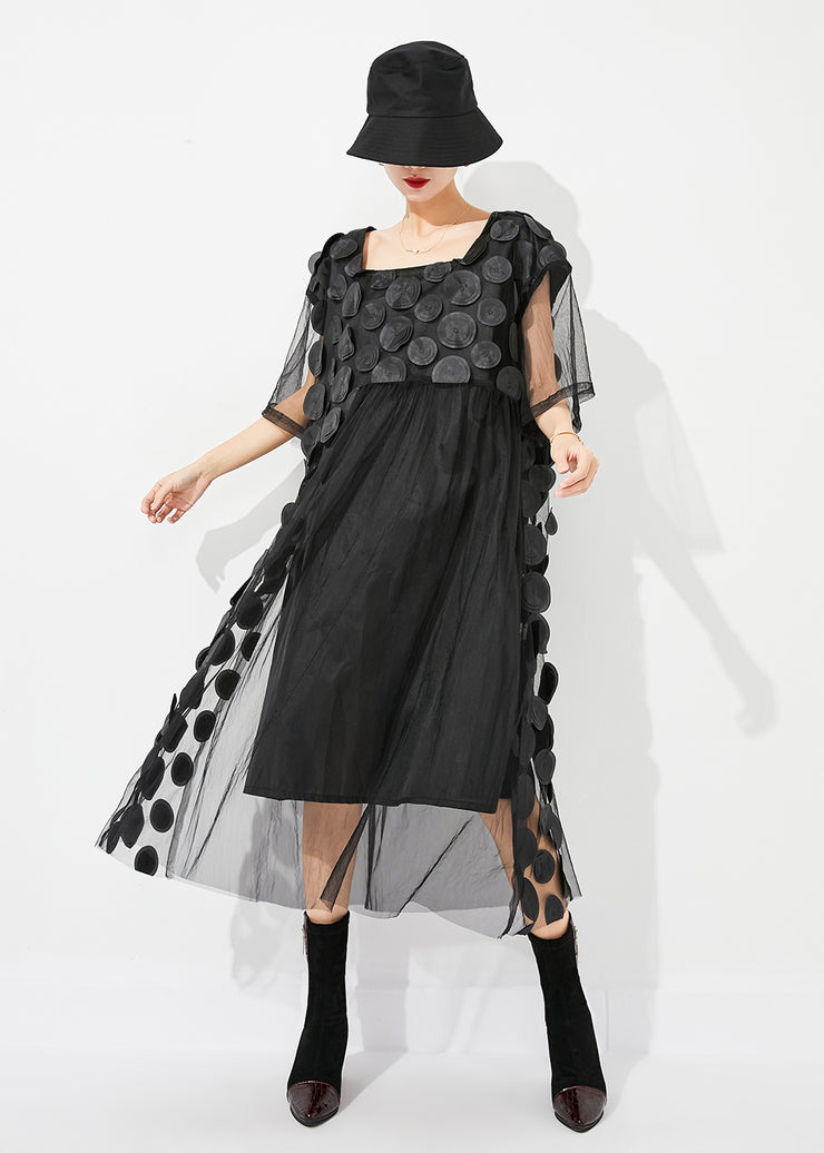 Boutique Black Square Collar Patchwork Hollow Out Tulle Long Dress Summer
