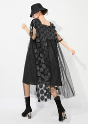 Boutique Black Square Collar Patchwork Hollow Out Tulle Long Dress Summer