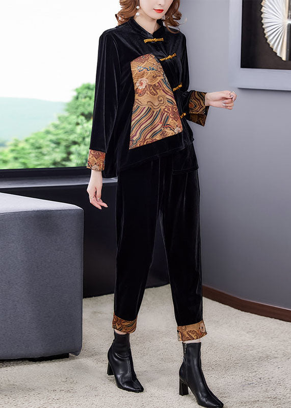 Boutique Black Stand Collar Chinese Button Patchwork Silk Velour Two Pieces Set Long Sleeve