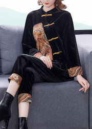 Boutique Black Stand Collar Chinese Button Patchwork Silk Velour Two Pieces Set Long Sleeve